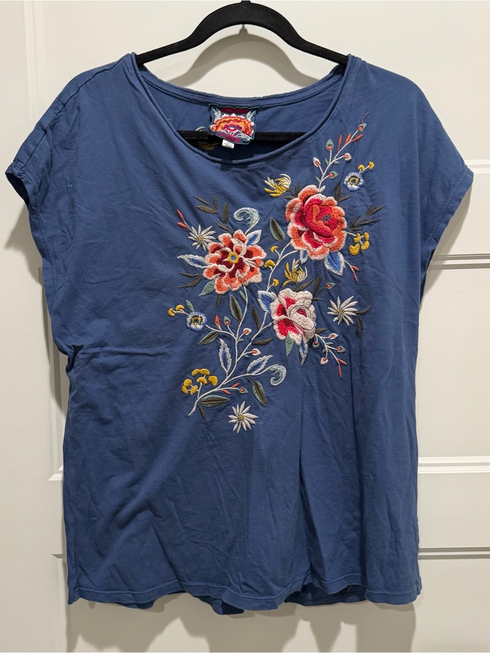 Johnny Was Blue Floral Embroidered Short Sleeve Women's Top